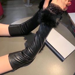 Designer Long gloves leather Arm warmth glove ladies sheepskin rabbit fur winter mitten for women official replica Counter quality European size T0P quality 025