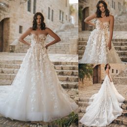 Berta 3D Flowers Wedding Dresses Lace Bridal Gowns Strapless Neckline A Line Sweep Train Tulle Vestido De Novia