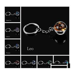Keychains Lanyards Double Side Glass Ball 12 Zodiac Signs Keychain Metal Key Chain Holder Couples Gifts Constellation Jewellery Acce Dhqpx