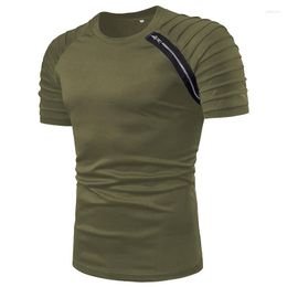 Men's T Shirts Fashion T-shirts O-neck Cuff Folds Zipper Design Solid Colour Casual Summer Short Sleeve T-shirt Men