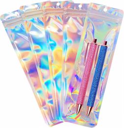 Packaging Bags Small Business-2.4x9 inch Resealable Holographic Pen Bags for Packaging Lipgloss Jewelry Cosmetic Sample Bag