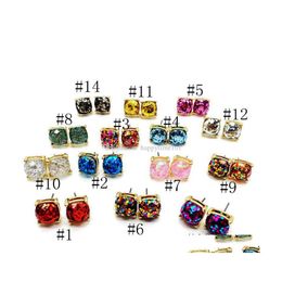 Stud Fashion Glitter Druzy Drusy Square Dot Earring 14 Colour Gold Plated Cute Small Shinny Rainbow Opal Ear Stud Women Fine Jewellery Dhbij