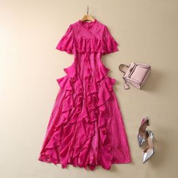 2023 Spring Pink / Blue Solid Color Panelled Lace Dress Short Sleeve Round Neck Ruffled Midi Casual Dresses S2N290010