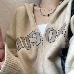 Women s Knits Tees Warm Cream Hooded Cardigan Sweater Autumn winter Day Tie Vintage Zipper Coat Knitted Oversized 221206