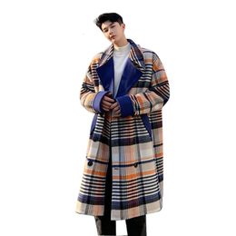 Men's Wool Blends Men Woollen Plaid Long Trench Coat Overcoat Autumn Winter Male Vintage Fashion Casual Loose Wool Windbreaker Jacket Outerwear 221206