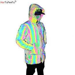 Men's Down Parkas Winter Spring Men Rainbow Reflective Jacket Safety Thick Cotton Long Coat Plus Size Loose Hip Hop Hooded Outwear Streetwear 221207
