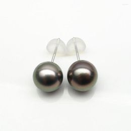 Stud Earrings 8.5-9MM Round Green Genuine Tahitian Pearl 18K White Gold AU750