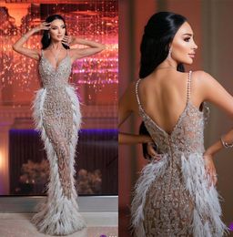 Luxurious Feathers Mermaid Prom Dresses V Neck Lace Spaghetti Straps Party Dresses Pearls Sequins Custom Made Evening Dress