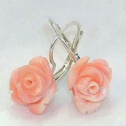 12mm Pink Coral Rose Flower Sterling Silver Leverback Earrings
