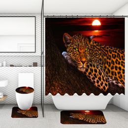 4Pcs/Set Bathroom Shower Curtain Toilet Mat Lion Elephant Jaguar Wolf Printed Bath Mats Curtains Screen with Non-Slip Carpet Rugs