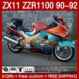 Fairings Kit For KAWASAKI NINJA ZX 11 R 11R ZX-11 R ZZR1100 ZZR 1100 CC Body 164No.32 ZX11 R 90-92 ZX-11R ZZR-1100 ZX11R 90 91 92 1990 1991 1992 ABS Full Fairing cyan orange blk