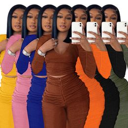 2023 Women Rib Pleated Pants Outfits Designer New Fall Fashion U-neck Long Sleeve Trousers Sports Suit Ladies Sweatsuits Sportswear 7 Colours