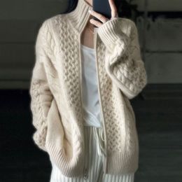 Women s Knits Tees Autumn and Winter Thick Turtleneck Cashmere Knitted Cardigan Loose Wool Sweater Larg Size Female Jacket Top 221206