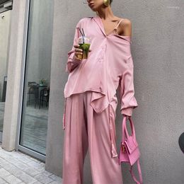 Women's Two Piece Pants Satin Shirt Trousers Set Woman Pieces Oversized Elegant High Waist Wide Leg Pant Suit Female 2022 Spring Lady