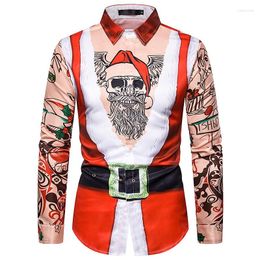 Men's Casual Shirts Santa Claus Print For Men Cartoon Elk Pattern Long-Sleeved Shirt Year Party X'mas Clothing Leisure Loose Social