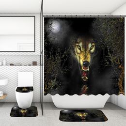 4Pcs/Set Bathroom Shower Curtain Toilet Mat Lion Elephant Jaguar Wolf Printed Bath Mats Curtains Screen with Non-Slip Carpet Flannel Rugs