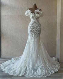 Mermaid Beach Wedding Dresses Sexy Bridal Gowns 3D Flower Pearls Lace Appliqued Sheer Neck Custom Made Vestido De Novia