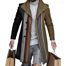 Men's Trench Coats Plus Size Mid-Length Men Windbreaker Autumn Winter Button Plaid Patchwork Thickened Woolen Coat