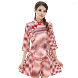 Ethnic Clothing Chinese Traditional For Women Plus Size 4XL Red Plaid Vintage Qipao Suit Style Cheongsam Suits Tops And Short Skirt