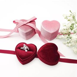 Velvet Ring Box Heart Shape Double Ring Boxes Earrings Display Holder Jewellery Case for Proposal Engagement Wedding