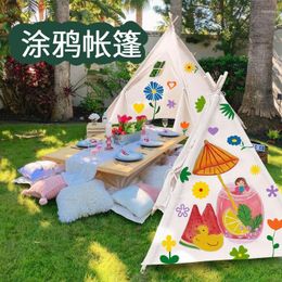 Zelte und Unterkünfte dekorieren Ihre eigenen Tipi -Kinder Zeichnen Kunst DIY Zelt Frühling Außen Aktivitäten Waschbares faltbares Baumwollspiel