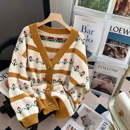 Women s Knits Tees High Quality Flower Jacquard Sweater Cardigan Autumn Winter Oversized Striped Coat Vintage Women Knitted Jackets 221206