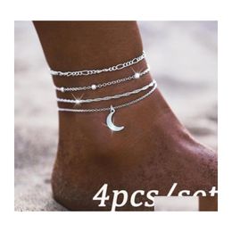 Anklets Bohemian 4Pcs/Set Retro Heart Pendant Chain Sier Women Charm Beach Anklet Fashion Jewelry Drop Delivery Dhdmq