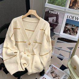 Women s Knits Tees High Quality Autumn Winter Sweaters Oversized Cardigan Simple Striped Buttons V Neck Basic Sweater Coats for Women 221206