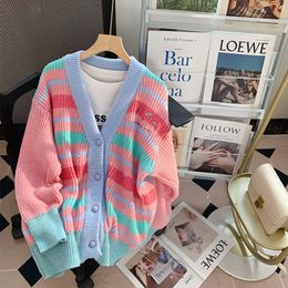 Women s Knits Tees High Quality Autumn Winter Sweaters Cardigan Candy Color Long Sleeve Coat Women Knitted Strip Jackets 221206