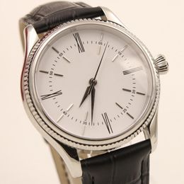 Mens Watch 18k Silver mechanical watch Black leather automatic movement Male Wristwatch