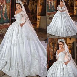 Simple V Neck White Wedding Dress Ball Gown Custom Made Elegant Lace Full Sleeve Floor Length Church Bridal Dresses