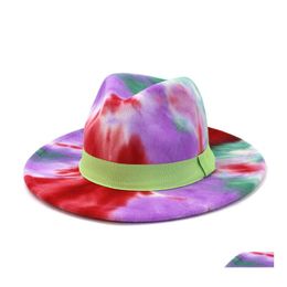 Wide Brim Hats Bucket Hats Wholesale Latest Fashion Design Tie Dye Print Colorf Rainbow Felt Fedora Hat For Women Wide Brim Panama Dh3Tv