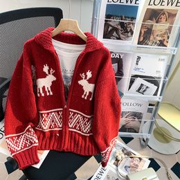 Women s Knits Tees High Quality Christmas Elk Red Sweater Cardigan Autumn Winter Loose Thickened Knit Coat 221206