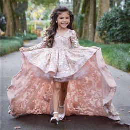 Pink High Low Long Sleeve Flower Girl Dresses For Wedding Lace Applique Ruffles Girls Pageant Gowns Sweep Train Children Prom Party Dresses