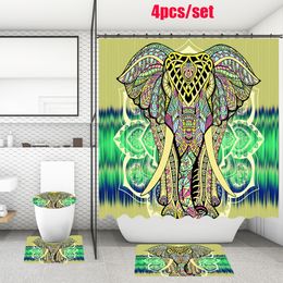 4Pcs/Set Bathroom Shower Curtain Toilet Mat Watercolour Elephant Printed Washroom Bath Mats Curtains Screen with Non-Slip Carpet Rugs