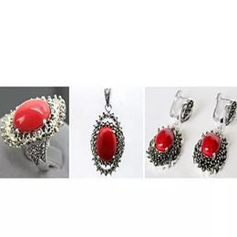 Fashion Jewellery Red Carved Lacquer Marcasite Ring 7-10Earrings Necklace Pandent sets