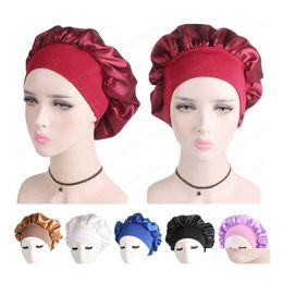 Beanie/Skull Caps Women Satin Bonnet Cap Night Sleep Hair Protect Head Er Wide Band Adjust Hats Nightcap Loss Unisex Fashion Drop De Dho5Y