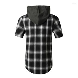 Men's T Shirts Mens Plaid Extra Long Hoodie Shirt 2022 Fashion Men Short Sleeve Hip Hop Streetwear Harajuku For Chemise Homme2793