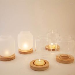 Candle Holders Decorative Glass Pillar Holder With Wooden Base Home Decor Accessories Decoration For Mantel Table Top Prayer Alter