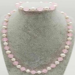 Natural 7-8mm White Pearl 8mm Pink Jade Beads Necklace 18'' Bracelet 7.5''