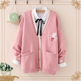 Women's Knits Tees Autumn Korean Mori Girl Sweet Lolita Cute Bunny Embroidery Knitted Sweater Japanese Women Long Sleeve Cardigan Coat Knitwear 221206