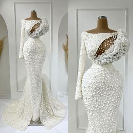 Gorgeous Mermaid Wedding Dresses Sexy One Shoulder Long Sleeve Pearls Beads Appliques Lace Bridal Gowns Custom Made Sweep Train Vestidos De Novia