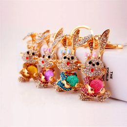 Rabbit Keychain Gold Colourful Crystal Rhinestone Animal Rabbit Metal Pendant Key Chains Cute Alloy Car Keys Ring Birthday Gift