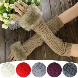 Outdoor Winter Warm Arm Sleeves For Women Girls Decorative Knitted Fingerless Gloves Solid Colour Furry Sleeves Clothing Accessories