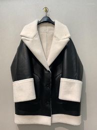 Women's Fur Double Face Wear Faux Coat Winter Jacket Women PU Leather Motorcycle Jackets Female Vintage Black Warm Coats