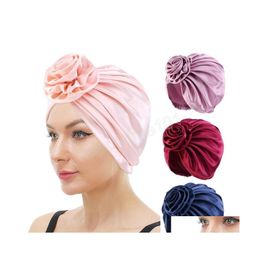 Beanie/Skull Caps Satin Big Flower Hijab Cap Silky Vintage Turban Hat Womens Hair Er Elastic Stretch Femme Musman Turbante Head Scar Dhgdp