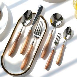 Dinnerware Sets 4/6-Piece 18/8 Stainless Steel Flatware/Cutlery Set Fork Knife Spoon With Wood Handle Serving Utensil