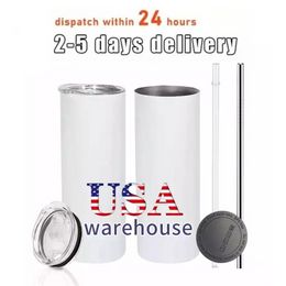 USA 2 Days Delivery 20OZ Sublimation Tumbler Blanks Stainless Steel Water Bottles Sublimation Straight Mug with Straw 50pcs/box B1207