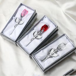 Flores decorativas rom￢nticas criativas Rosa Crystal Gift Metal Rod Casamento Dia dos namorados do presente de amor
