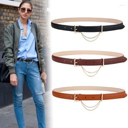 Belts Luxury Women Cow Leather Belt Thin Strap Fashion Gold Metal Chain Pin Buckle Cowhide For High Quality Ceinture Femme